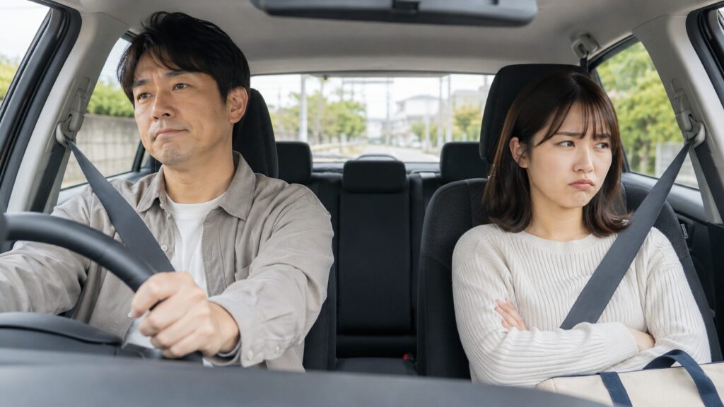 車で送迎してもらいながら不機嫌そうな表情をする女性と運転する男性