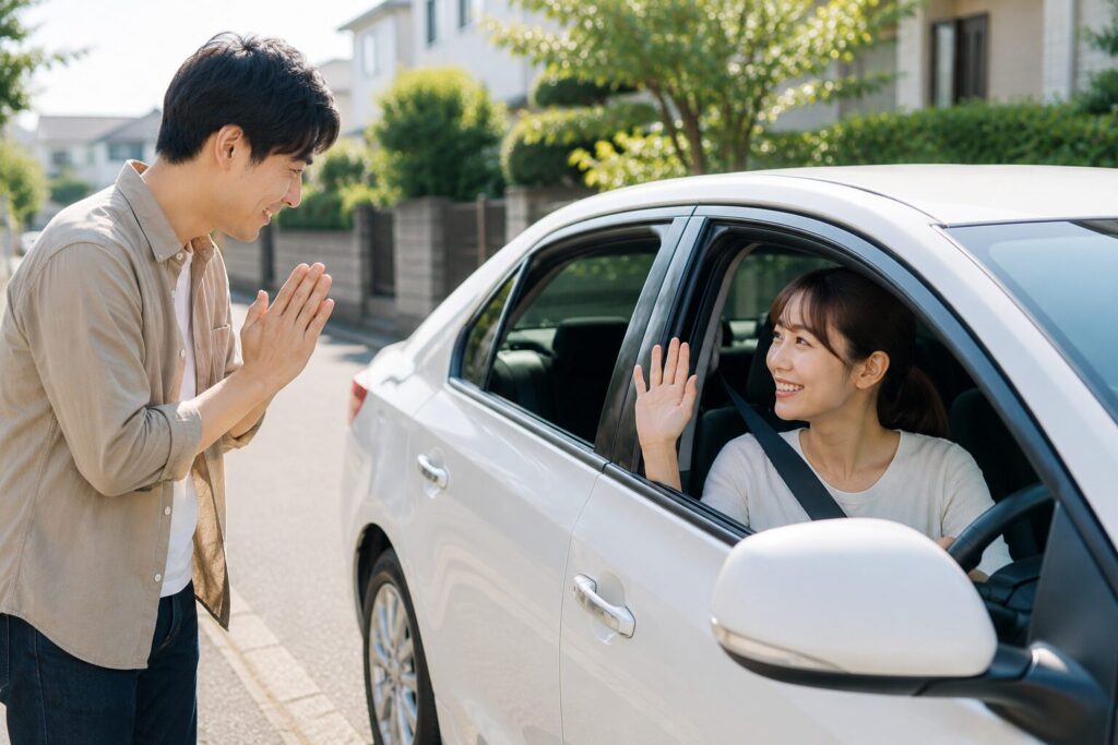 妻が迎えに来てくれたことに両手を合わせて感謝する男性