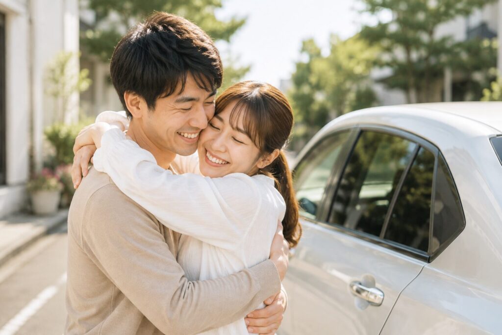 妻の送り迎えに感謝し笑顔で抱き合う夫婦