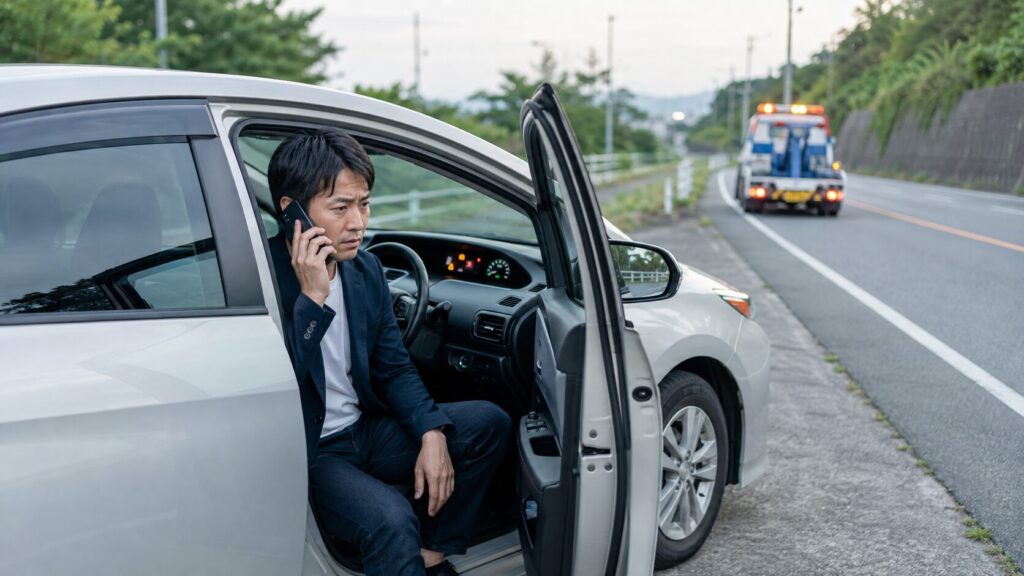 ハイブリッドシステム故障の警告が出て路肩に停車し、救援を待つ男性と車