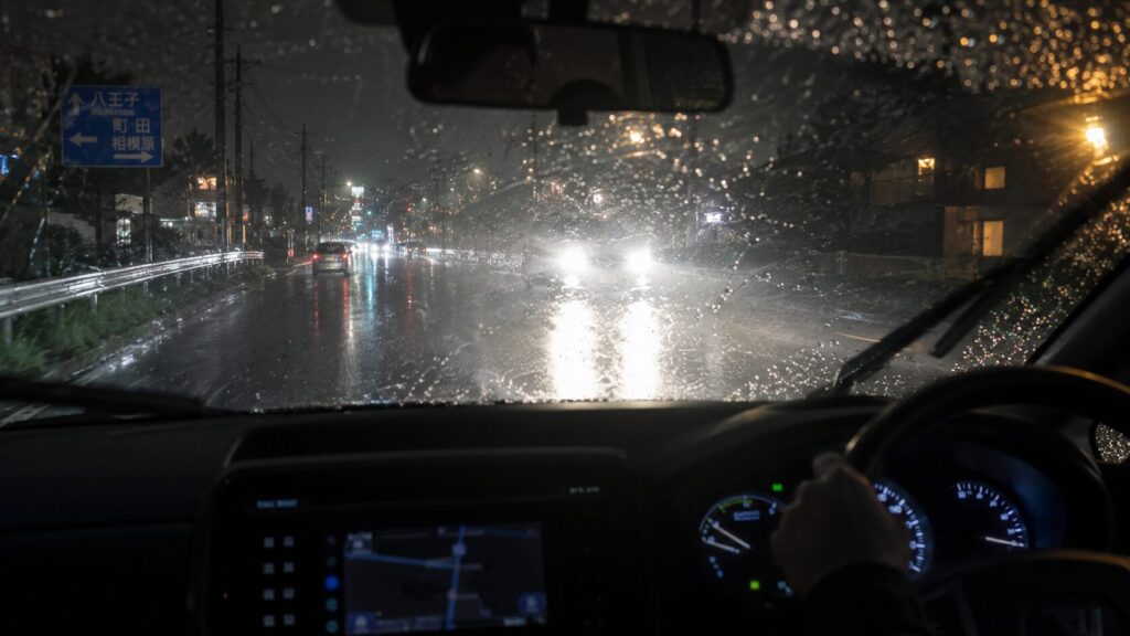 雨の夜に対向車のヘッドライトが眩しく白線が見にくい道路