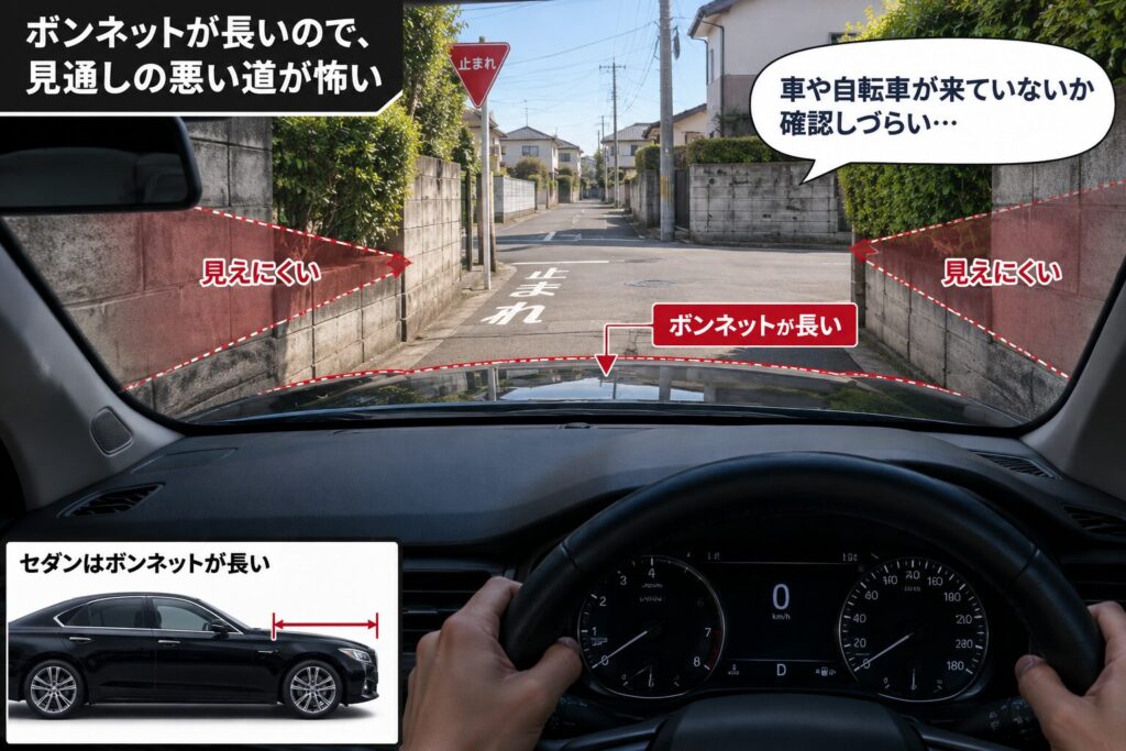 長いボンネットのセダンから左右が見えにくい信号のない交差点