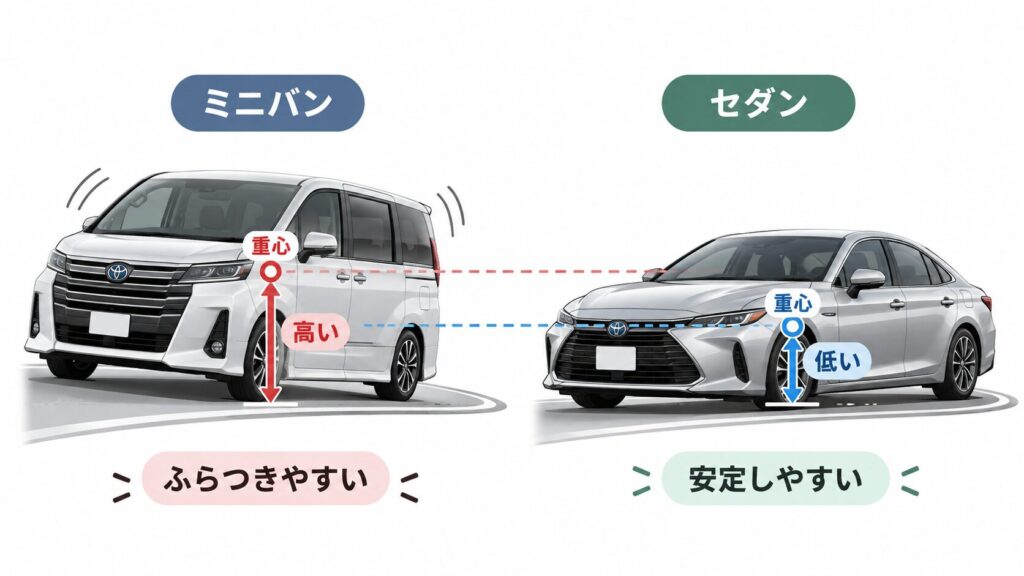 ミニバンとセダンの重心位置を比較した図